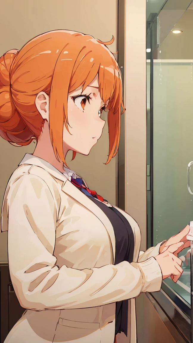 (Highest quality, 8K, masterpiece :1.3),Mrs. Yuigahama,ガハMom, As I expected, my youth romantic comedy is wrong。, One woman,Bun Hair,30 years old,Mom,Orange Hair,nsfw,Plump body,