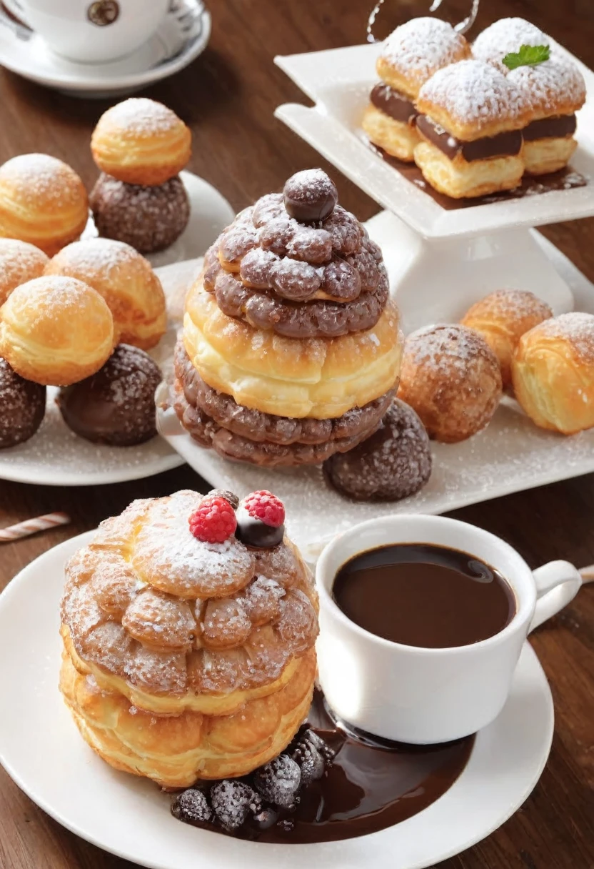 BREAK Perfect Anatomy、Highest quality、(cute:1.1)、(cute)、(High resolution:1.2)、Unbelievably absurd:1.3、Incredible illustrations、(cuteイラスト:1.2)、（Beautiful background、Coffee shop）Cocoa Sauce Croquembouche