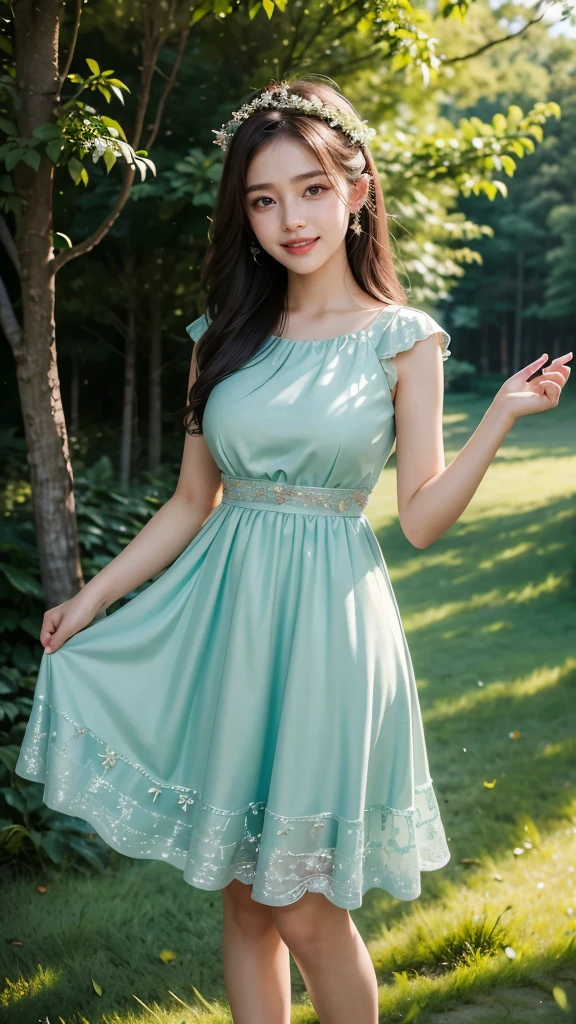 24 years beautiful Girl, Japanese Girl, 64K, (masterpiece: 1.4), Beautiful glitter Mint colour ruffle lingerie, (shin fabric lingerie), frock knee length, nature background, beautiful smile, (smile: 1.2), detailed background, detailed dress, ultra HD image quality, standing in front of trees, 8D , CG unity 8k wallpaper, perfect figure, Young Girl,