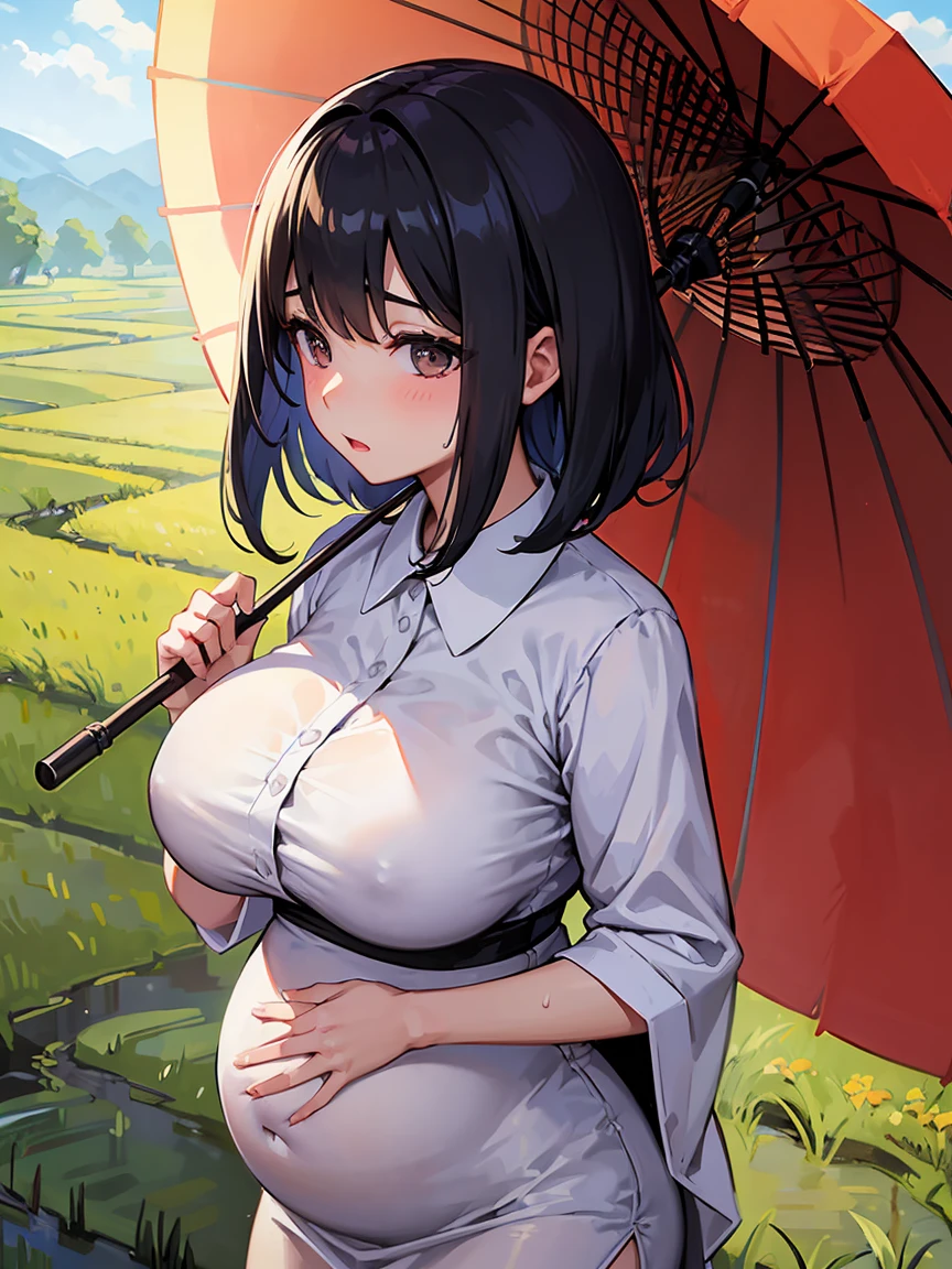 masterpiece, Highest quality, Super detailed, Best Shadow, Beautifully detailed face,  High Contrast,Modern Japan、A beautiful 40-year-old pregnant woman in a white button-up dress. Walking along a Japanese country road surrounded by rice fields. parasol. Big breasts. BIG ASS. Saggy breasts. Short black hair. Sunny weather. buzzer. Sweat. Beige underwear showing through.