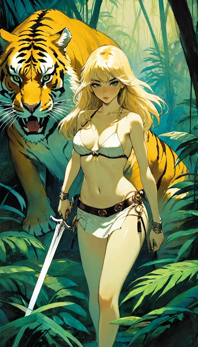 long-haired blonde girl with her pet a large saber-toothed tiger, sexy, half-naked, with a sword, in a jungle(art inspired in Bill Sienkiewicz). oil painting) 