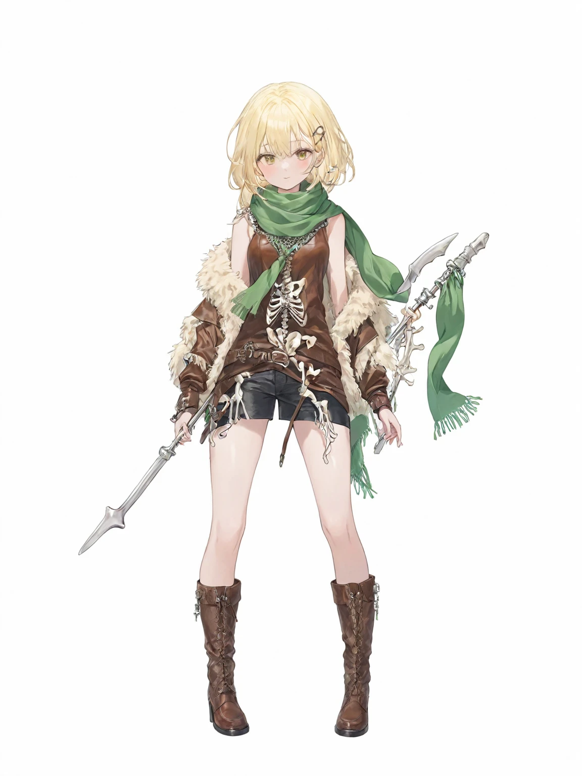 1 woman, animal skin ,Light yellow hair, animal bones, Green Scarf, brown leather top, silver metal decoration