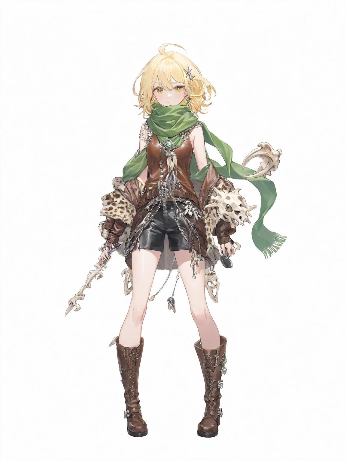 1 woman, animal skin ,Light yellow hair, animal bones, Green Scarf, brown leather top, silver metal decoration