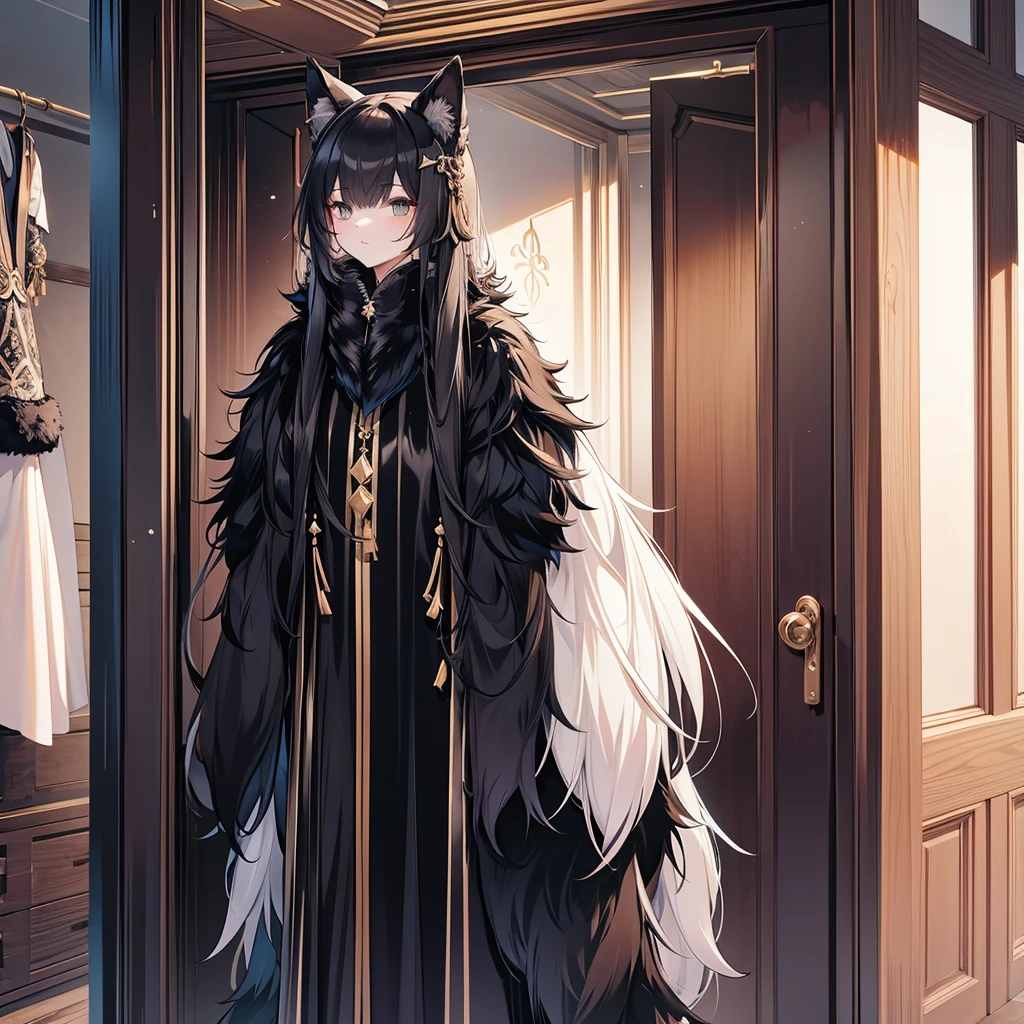 beautiful black enchanted furry kimono, in wardrobe, no people