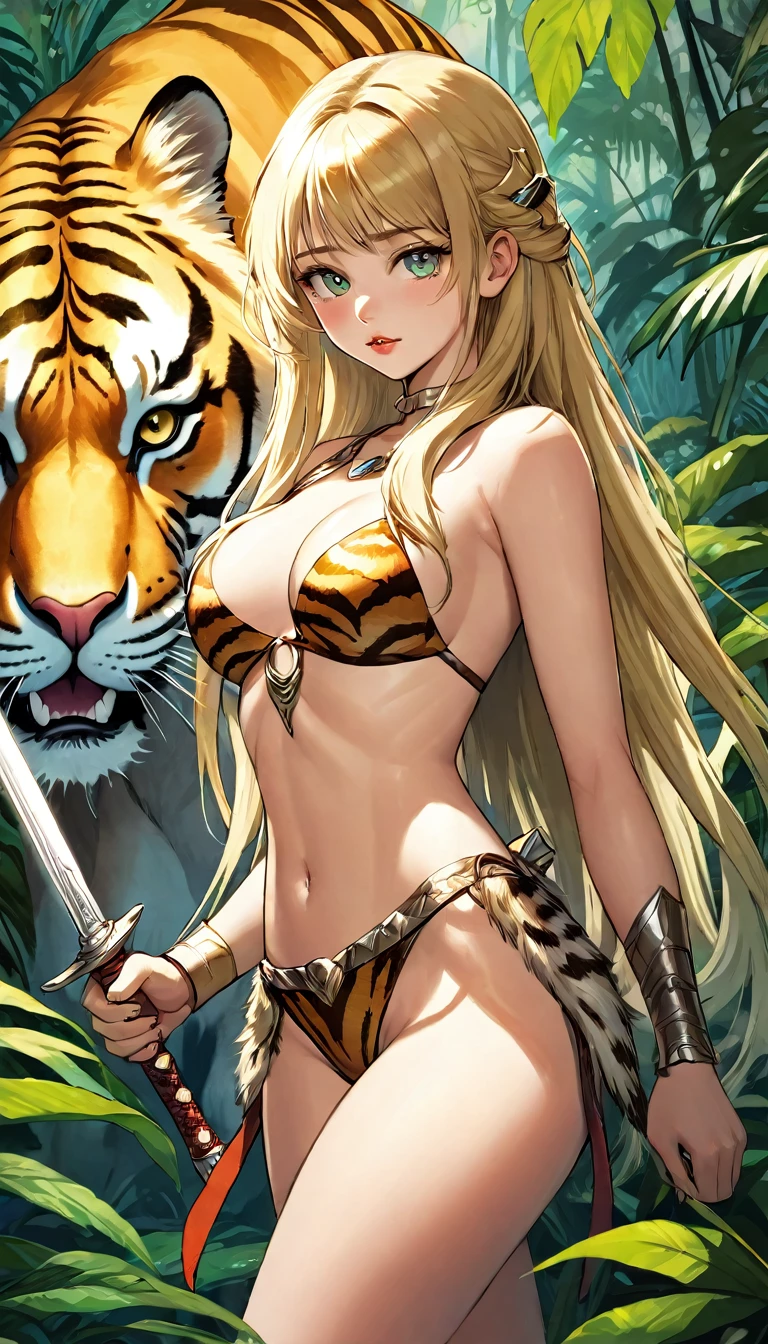 a long-haired blonde girl, beautiful detailed eyes, beautiful detailed lips, extremely detailed face, longeyelashes, half-naked, holding a sword, with a large saber-toothed tiger as a pet, in a lush jungle environment, oil painting, best quality, 8k, ultra-detailed, realistic, photorealistic, photo-realistic:1.37, vivid colors, studio lighting, physically-based rendering, extreme detail description, Bill Sienkiewicz art style