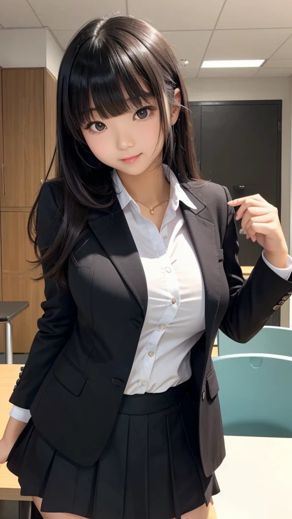 ((Tabletop)), (Detailed face), (highlight), Asian Girl、Big breasts、thigh、Black Hair、Heavy bangs、high school girl、skirt、blazer、