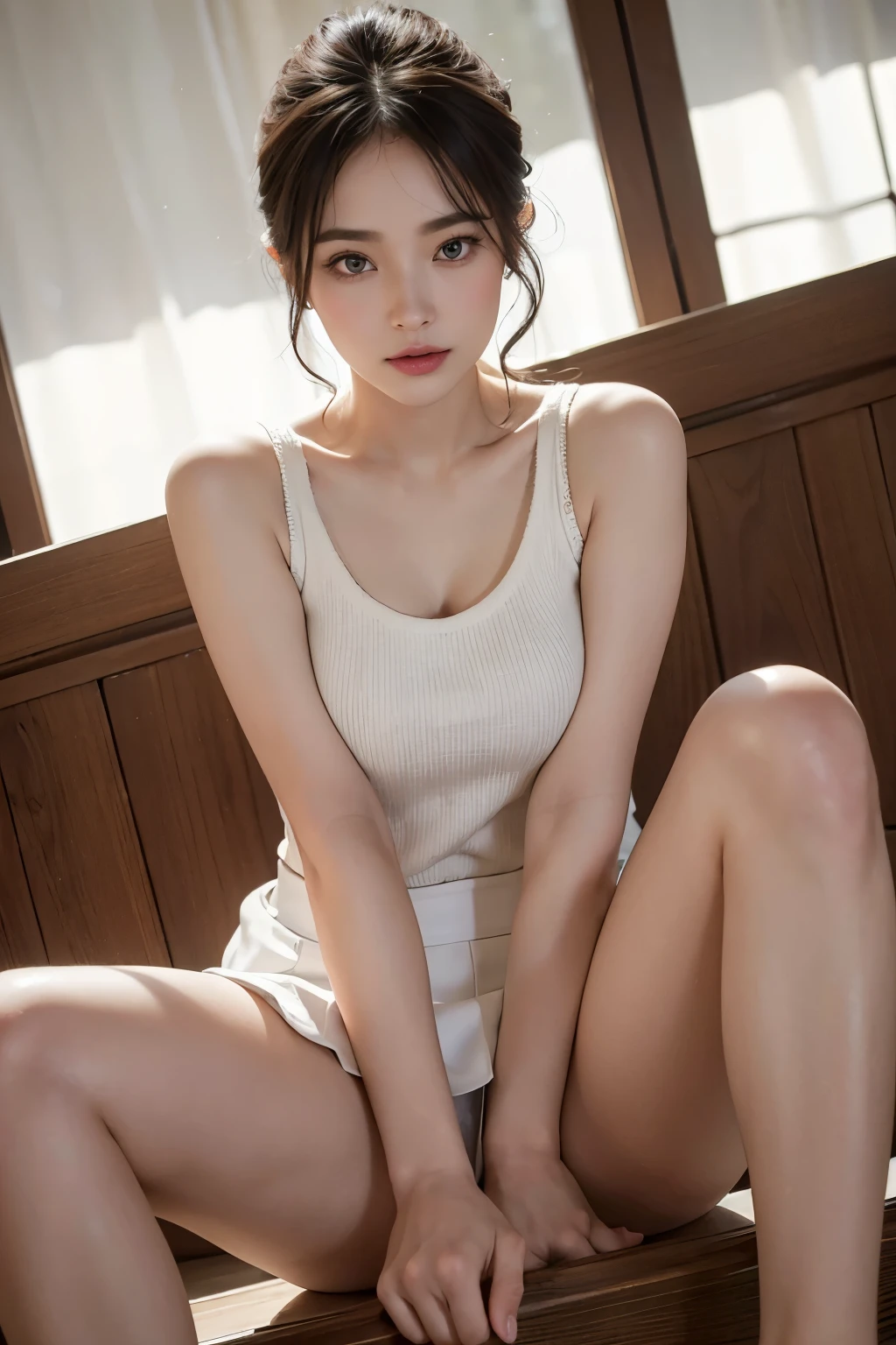 ((Highest quality, 8K, masterpiece: 1.3)), Sharp focus: 1.2, View your viewers, Perfect Style, (((Spread your legs, Sit with your knees bent, Looking up, Armpit Show, Raise both arms))), (Open your mouth: 1.5), (close your eyes: 0.88), Attractive feminine body, beautiful, (Ultra-realistic), (Photorealistic), (Increased resolution), (8K), (Very detailed), (Best Photos), (Beautiful and detailed eyes), (Highest quality), (Super detailed), (masterpiece), (Detailed face), alone, 1. Female, 10th Generation, beautiful, Japanese,Fine details, Detailed face, Pure Erotic Face Ace_, smile, Half Body, Tight sleeveless knitwear, Tight mini skirt, Office Lady,Long legs, Narrow waist, Hips, Ultra-fine makeup, Ultra-fine fiber material,Browsing Caution, A large open chest