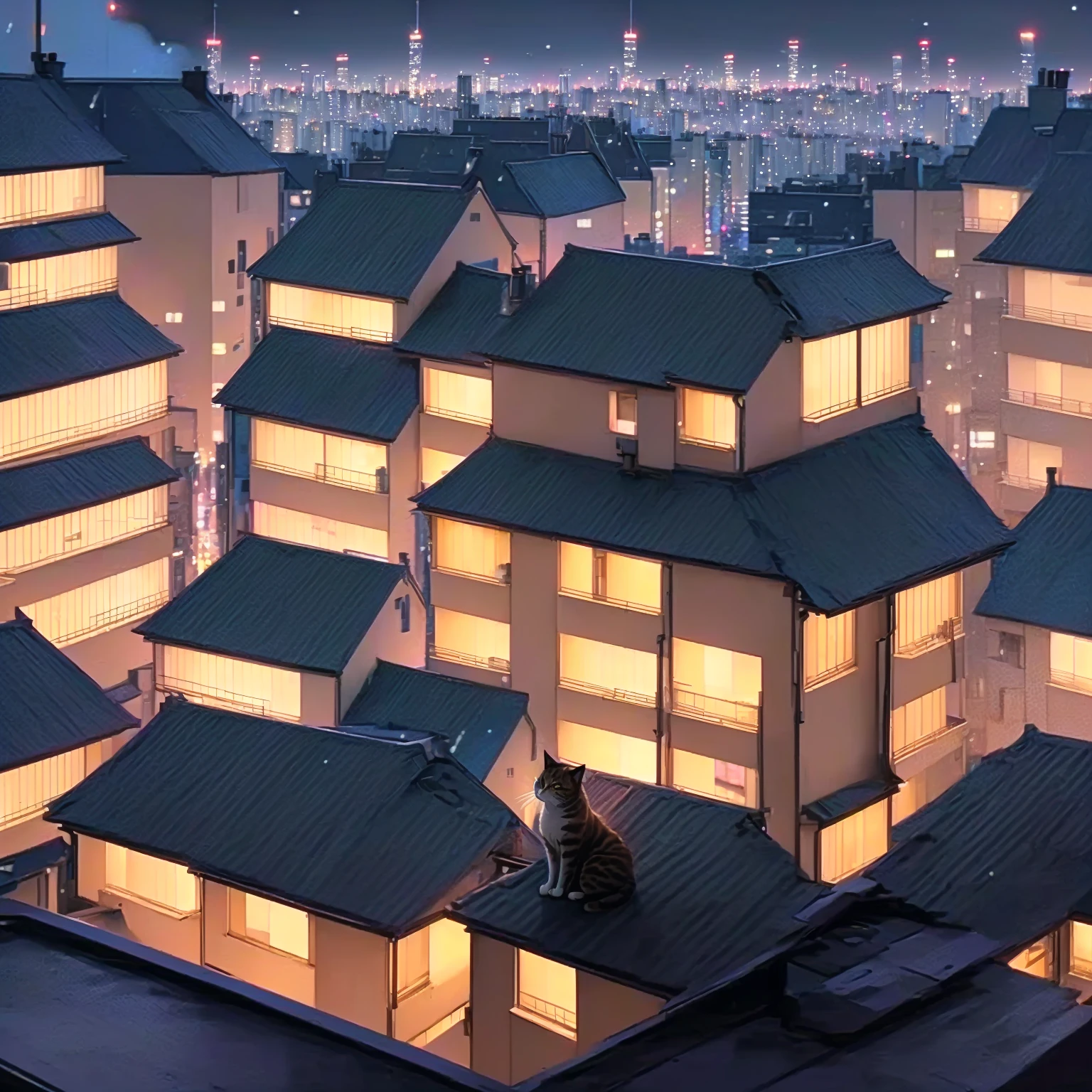 Night view of a cat sitting on a window sill and looking at the city, anime art wallpaper 4k, anime art wallpaper 4k, 4K Manga Wallpapers, 4k anime wallpaper, Lofi Art, Anime Art Wallpapers 8K, Cat attacks Tokyo, anime wallpaper 4k, anime wallpaper 4k, quiet night. Digital Illustration, Sit on the roof