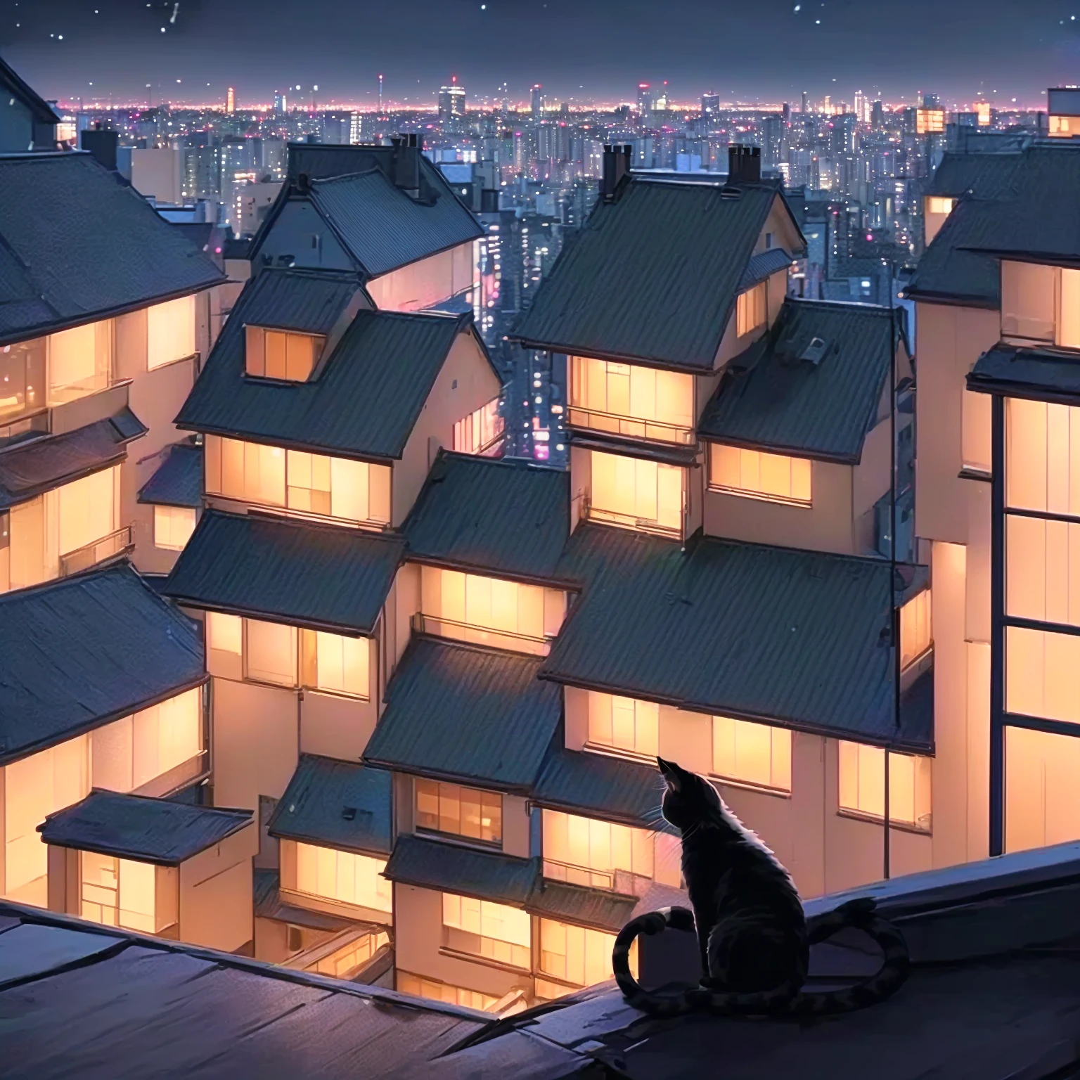 Night view of a cat sitting on a window sill and looking at the city, anime art wallpaper 4k, anime art wallpaper 4k, 4K Manga Wallpapers, 4k anime wallpaper, Lofi Art, Anime Art Wallpapers 8K, Cat attacks Tokyo, anime wallpaper 4k, anime wallpaper 4k, quiet night. Digital Illustration, Sit on the roof