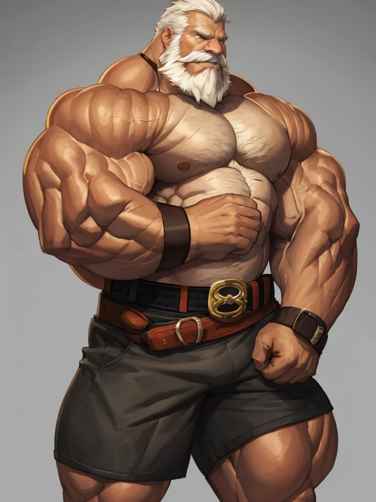 solo, 1boy, Huge Muscular Old man wearing boxing belt , pectoral, thick arms, huge pectoral, wide pectoral, short white hair, short pants and shirtless, bearded, simple background, masterpiece, semirealistic:1.2, high detailed, 8k, high resolution