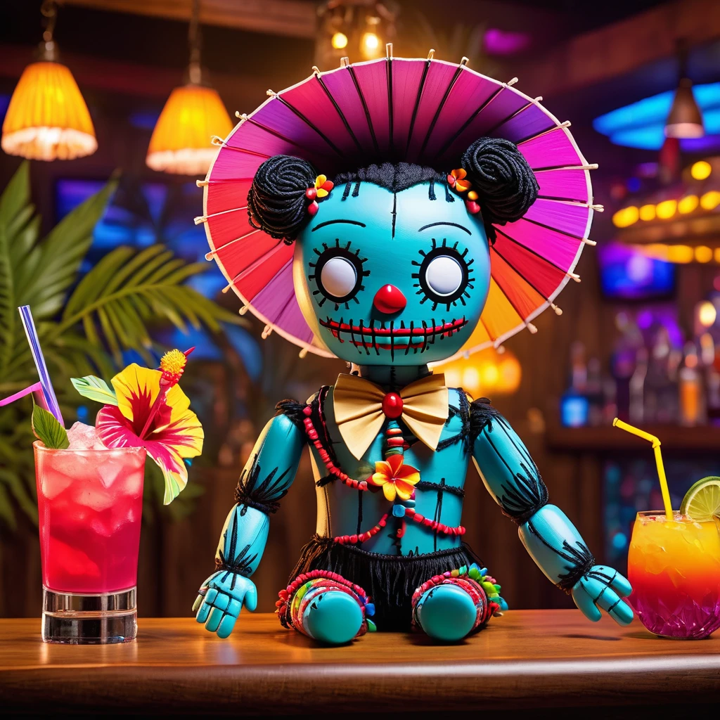 (knitted toy voodoo doll:1.9), (Voodoo Doll Exotic Bartender:1.3), (Clothing: tropical outfit with hibiscus patterns:1.0), (Accessories: enchanted cocktail shaker emitting rainbow light, levitating drink umbrellas:1.1), (background: vibrant tiki bar with floating palm leaves, glowing cocktails, and spectral patrons:1.2), best quality, masterpiece, detailed soft oil painting, detailed background, dramatic cinematic lighting, soft edge lighting, professional, dramatic lighting, hard edge lighting, ultra quality, 4k,masterpiece, best quality, 8k, ultra highres, highres, extremely detailed
