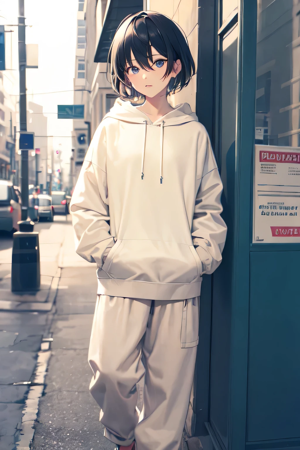 ((front)), A androgynous boy with short beige hair and blue eyes wearing a hoodie and wide pants., whole body, front, Standing still, Plain background, 