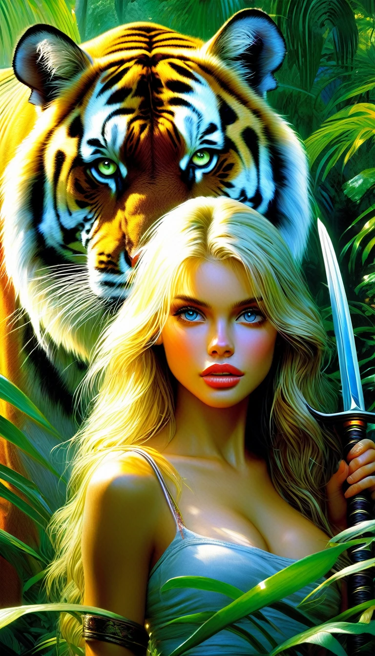 a long-haired blonde girl, beautiful detailed eyes, beautiful detailed lips, extremely detailed face, longeyelashes, half-naked, holding a sword, with a large saber-toothed tiger as a pet, in a lush jungle environment, oil painting, best quality, 8k, ultra-detailed, realistic, photorealistic, photo-realistic:1.37, vivid colors, studio lighting, physically-based rendering, extreme detail description, Bill Sienkiewicz art style