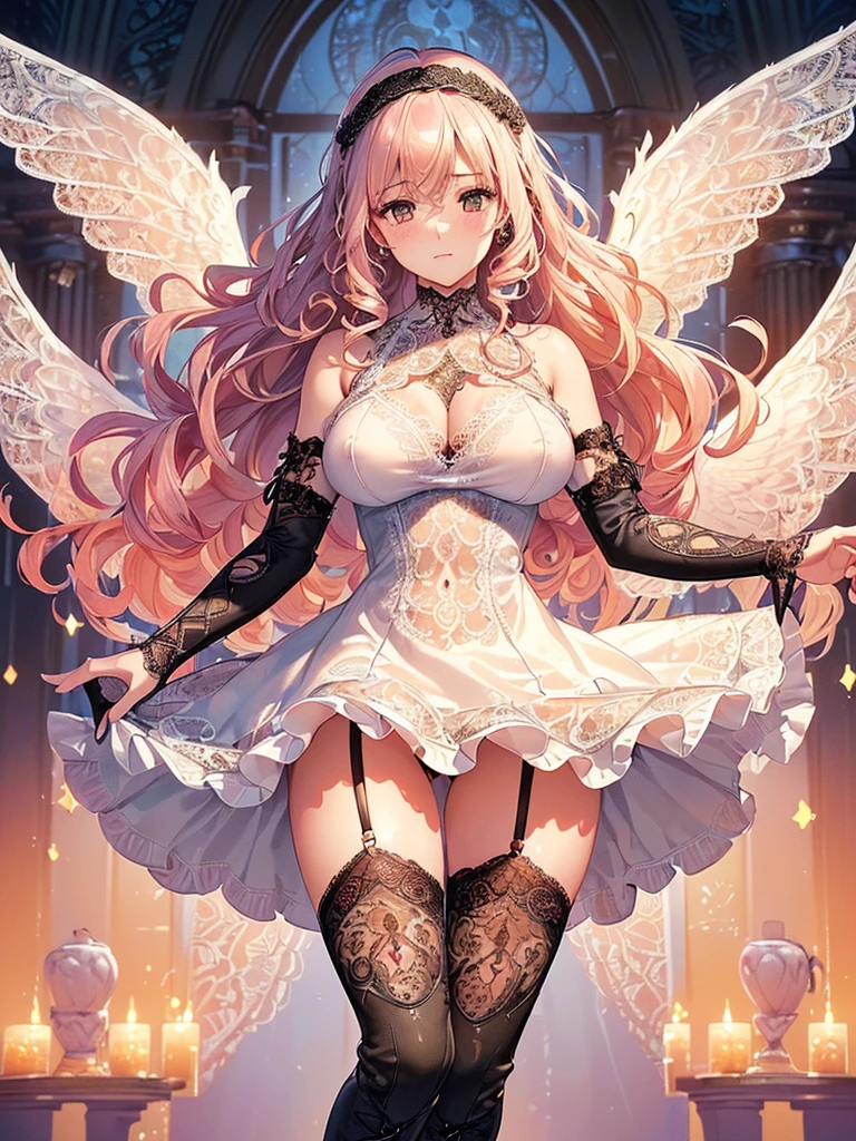 ((Highest quality)),(Ultra-high resolution),(Very detailed),(Detailed Description),((The best CG)),(A masterpiece),Ultra-detailed art,Amazing painting art,(Works with precise details:1.5), (1 female:1.6),(Beautiful and well-proportioned face:1.5),(Curly Hair:1.6),(Intricately detailed lace dress:1.8),Fine jewellery with exquisite detailing:1.5,Waist Accessories:1.5,Look at me and smile:1.5, See-through nipples, Angel Girl, (((Magnificent white angel wings on his back:1.2))), Mature Woman,Descended into the church,(Pastel colored hair:1.3),(Red and black long high heel boots:1.4), (garter belt), (stockings)、 (Floating in the sky with magical powers:1.2),(Floating skirt:1.5), (Embarrassed expression, blush:1.2),(bracelet),(heart choker)
