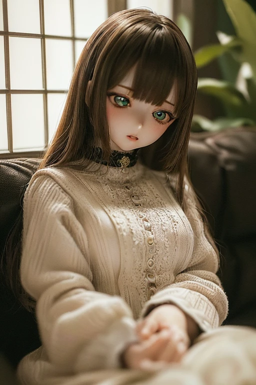 photorealistic, realistic photo, ((highest quality)), ((masterpiece)), (extremely detailed), kukolnydom, doll, (mature woman, 22yo, 22 years old:1.6), solo, sitting on sofa, green eyes, brown hair, (looking down, blank eyes, empty eyes, detailed eyes:1.3), parted lips, dress, museum, 8k