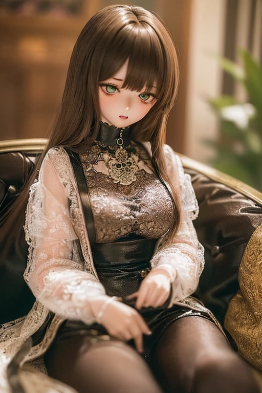 photorealistic, realistic photo, ((highest quality)), ((masterpiece)), (extremely detailed), kukolnydom, doll, (mature woman, 22yo, 22 years old:1.6), solo, sitting on sofa, green eyes, brown hair, (looking down, blank eyes, empty eyes, detailed eyes:1.3), parted lips, dress, museum, 8k