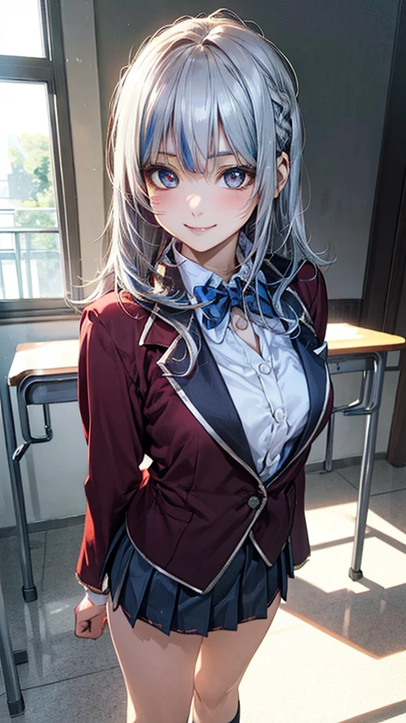 (masterpiece:1.2, top-quality), (realistic, photorealistic:1.4), beautiful illustration, (natural side lighting, movie lighting),
looking at viewer, 1 girl, gura,japanese, high school girl, perfect face, cute and symmetrical face, shiny skin, 
(middle hair, straight hair, silver hair), hair between eyes, dark red eyes, glowing eyes, big eyes, long eye lasher, (medium breasts), slender, 
beautiful hair, beautiful face, beautiful detailed eyes, beautiful clavicle, beautiful body, beautiful chest, beautiful thigh, beautiful legs, beautiful fingers, 
((fumizuki academy , wain-red blazer, white collared shirts, grey pleated mini skirt), dark blue bow tie), 
(beautiful scenery), evening, (school classroom), standing, (lovely smile, upper eyes), 