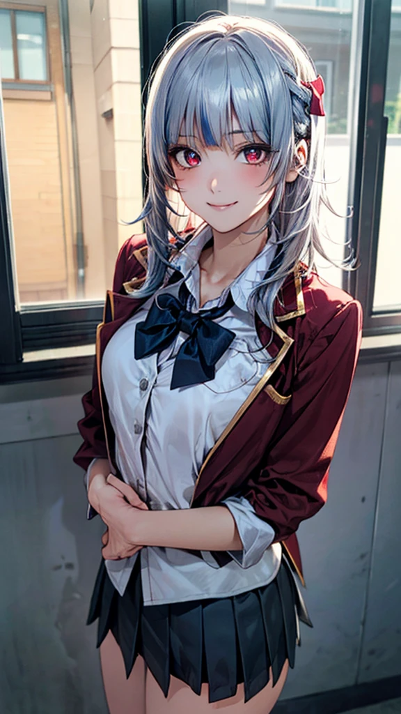 (masterpiece:1.2, top-quality), (realistic, photorealistic:1.4), beautiful illustration, (natural side lighting, movie lighting),
looking at viewer, 1 girl, gura,japanese, high school girl, perfect face, cute and symmetrical face, shiny skin, 
(middle hair, straight hair, silver hair), hair between eyes, dark red eyes, glowing eyes, big eyes, long eye lasher, (medium breasts), slender, 
beautiful hair, beautiful face, beautiful detailed eyes, beautiful clavicle, beautiful body, beautiful chest, beautiful thigh, beautiful legs, beautiful fingers, 
((fumizuki academy , wain-red blazer, white collared shirts, grey pleated mini skirt), dark blue bow tie), 
(beautiful scenery), evening, (school classroom), standing, (lovely smile, upper eyes), 