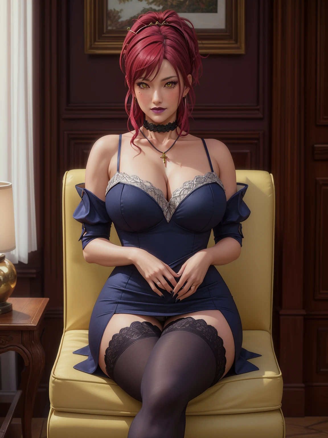 (Masterpiece, Best Quality, Ultra High Quality:1.4), professional artwork, Intricate Details, field of view, sharp focus, detailed painting, trending on pixiv, (vivid lighting, vibrant colors:1.05), Marie Mamiya, mature female, milf, solo, (curvy:1.1), sitting on sofa, crossed legs, luxury room, (cowboy shot:1.1), (red hair:1.05), hair ornament, lipstick, makeup, (mole under eye:0.9), choker, ultra detail hair, ultra detail face, (yellow eyes:1.05), perfect eyes, perfect face, earrings, (seductive look, blush:1.15), (main dress:1.2), choker, (black thighhighs:1.1),(highheels:1.2), bare shoulders, necklace, fingernails, (Large Breasts:1.15), Cleavage, big ass, thighs