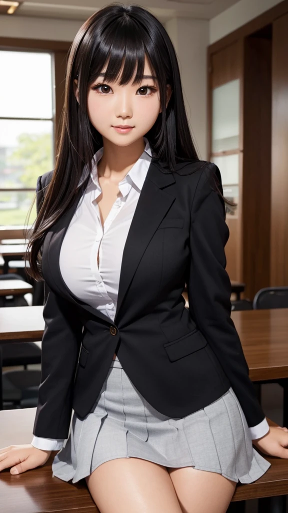 ((Tabletop)), (Detailed face), (highlight),　Asian Girl、Big breasts、thigh、Black Hair、Heavy bangs、high school girl、skirt、blazer、