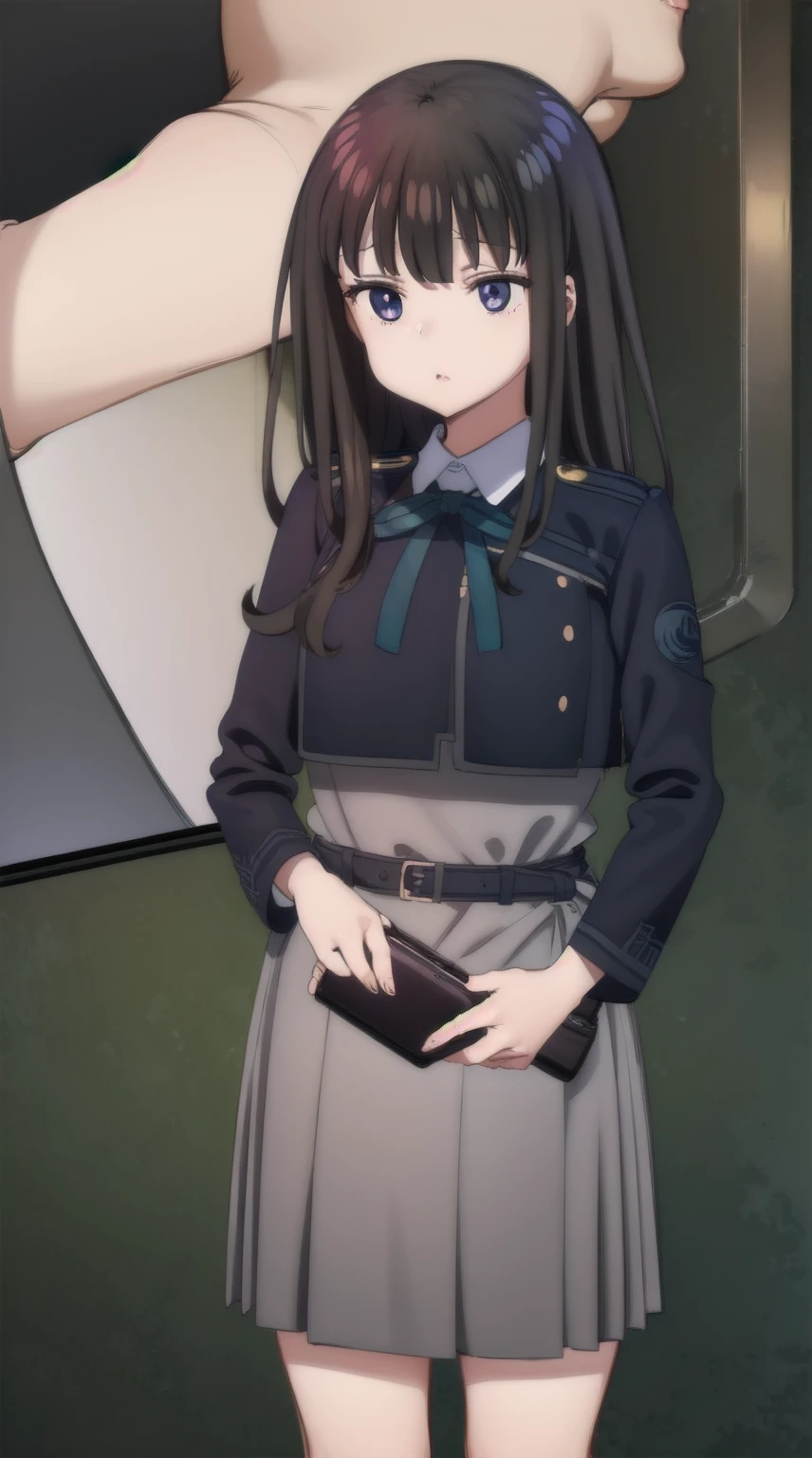 1girl,((black hair))
BREAK ((inoue takina, long hair, bangs, black hair, (purple eyes:1.2),crop top, white socks, shirt, long sleeves, dress, ribbon, , white shirt, collared shirt, belt, neck ribbon, blue dress, green ribbon, pleated dress, grey dress, two-tone dress, blue belt, lycoris uniform,:1))
BREAK ((blank eyes, mind control,StSPendulum,phone in corner:1.4))
BREAK indoors,
BREAK looking at viewer, 
BREAK (masterpiece:1.2), best quality, high resolution, unity 8k wallpaper, (illustration:0.8), (beautiful detailed eyes:1.6), extremely detailed face, perfect lighting, extremely detailed CG, (perfect hands, perfect anatomy),