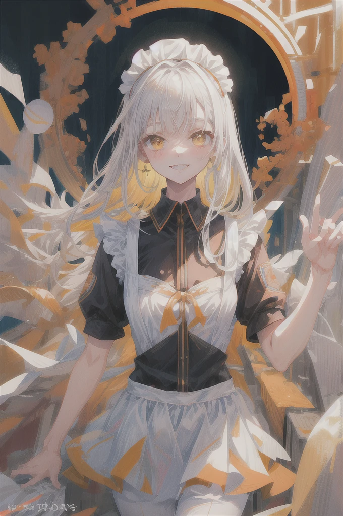 masterpiece, best quality, (illustration), solo, 1girl, small size, yellow-orange eyes,long hair, white hair, eyebrows, parted bangs, maid breasts, maid outfit, standing, upper body, smile, sexy, (looking at viewer), (close_up:0.85)