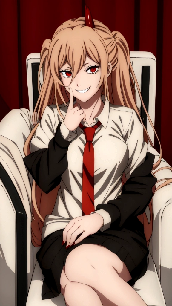 masterpiece、top-quality、hight resolution)、 Real life adaption for this character, Masterpiece, high quality, best lighting, cinematic, 1girl, anime girl with horns and a tie sitting in a chair, with red glowing eyes, evil smile and glowing eyes, demon anime girl, blonde anime girl with long hair, with glowing red eyes, malevolent smile, evil smile, junko enoshima, evil grin, uncanny smile, [[[[grinning evily]]]], wicked smile