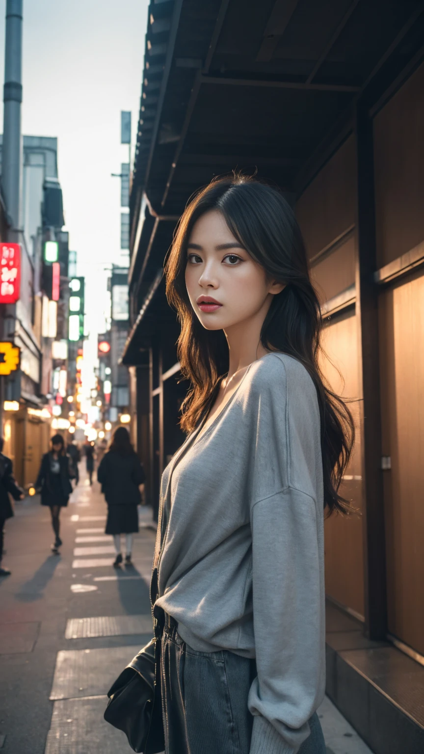 Tokyo、Street、Fashion Snap、real、snapshot、Stylish、Fashion Model、Mode Fashion、In front of the building wall、(best quality,4K,8K,highres,masterpiece:1.2),ultra-detailed,(realistic,photorealistic,photo-realistic:1.37),HDR,studio lighting,sharp focus,