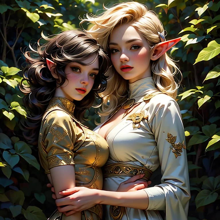 2 beautiful elven girls naked touching each other in the forest photorealistic