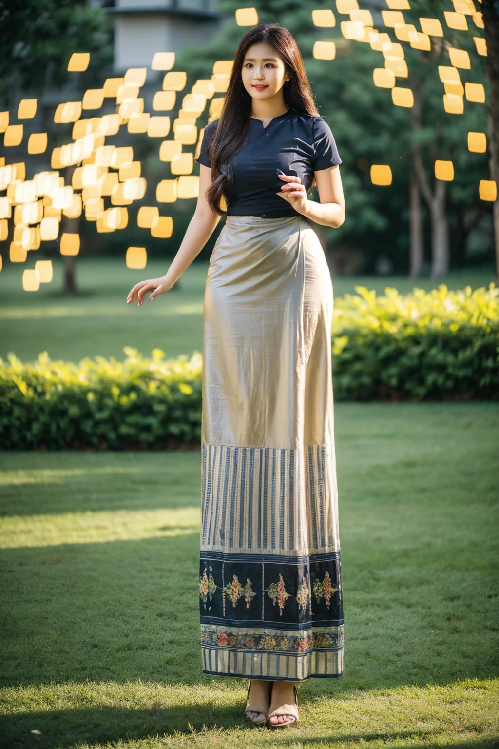 Asian woman long hair in a white Indonesia batik long skirt and Indonesia batik black shirt standing in garden park, Beautiful Body, traditional beauty, wearing beautiful Indonesia batik clothes, Indonesia batik traditional dress, acmm ss outfit, acmm long skirt, wearing acmm top, high heel, very attractive and beautiful, with lovely look, traditional clothes, very beautiful enga style, (((elegant and stylish standing pose:1.5))), (((full body:2))), ((front view:1.5)), (((DSLR bokeh blur background to highlight portrait view:1.5))), (((evening lighting with golden sunlight1.5))), (cinematic enhance HDR portrait lighting, perfect anatomy, cannon mark v, DSLR quality, vibrant HDR color, (perfect anatomy), (perfect toes), (realistic hand shape), (perfect hands), (detailed hands), (perfect toes), (detailed toes), (perfect high heel),
