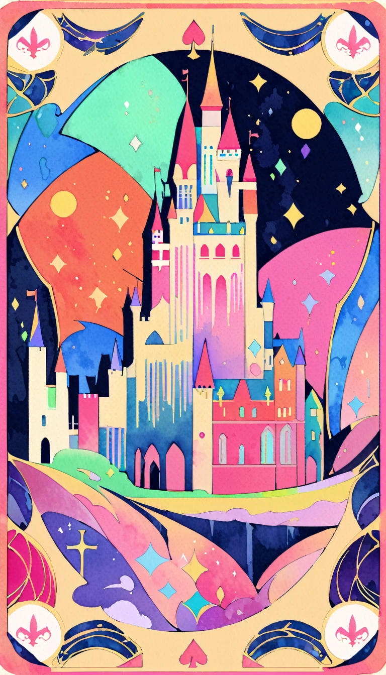 a flat nouveau card, flat colors, colorful palette, watercolor palette, castle, card, swords, composed 