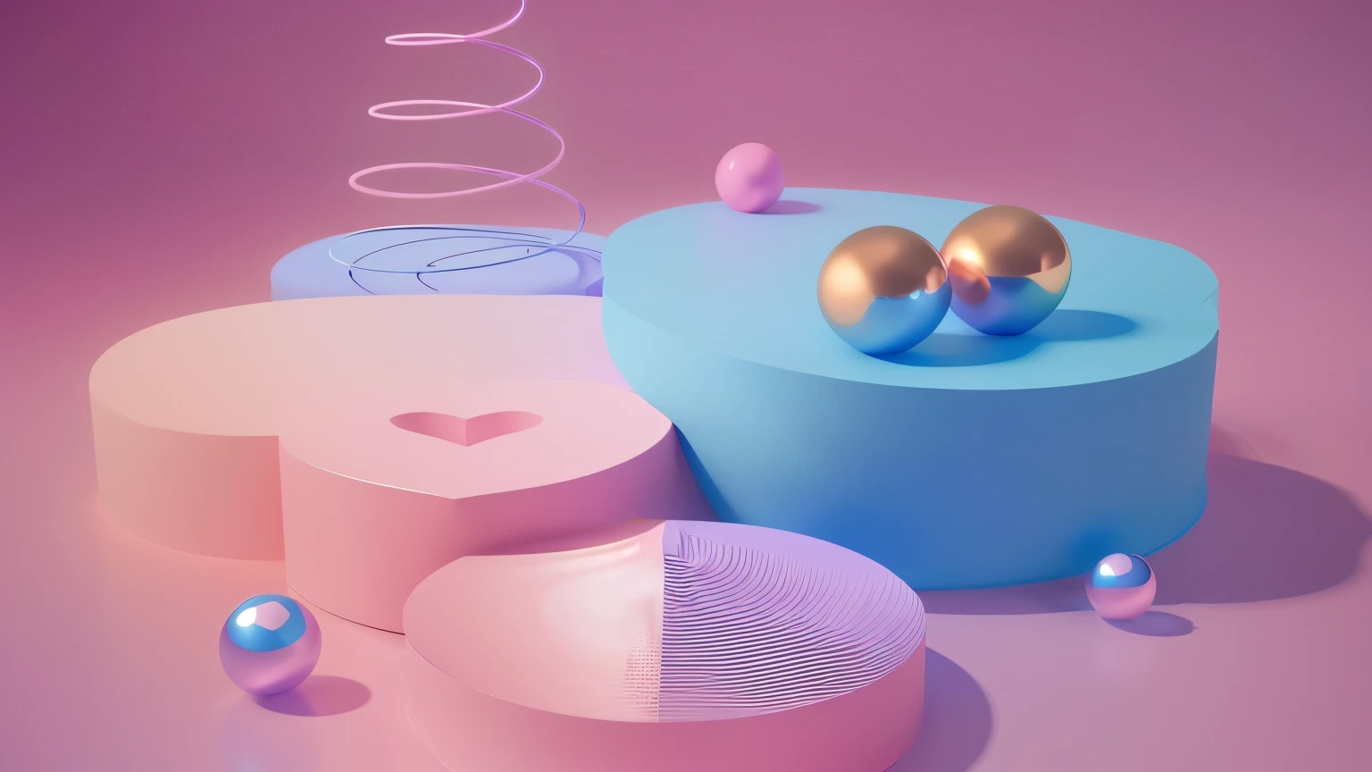 (best quality：1.4)，（Best results：1.4），（Ultra-clear picture quality：1.4），（The details are extremely clear：1.2），There are three heart-shaped boxes and a golden ball, Soft and colorful 3D, Cinema 4D Color Rendering, Playful composition, Cute 3d rendering, Loop 3D rendering, Cycles4d Rendering, Soft colors, Soft 3D Rendering, stylized layered shapes, Blue and pink, 3d illustration, Floating spheres and shapes, 3d illustration, light blue background