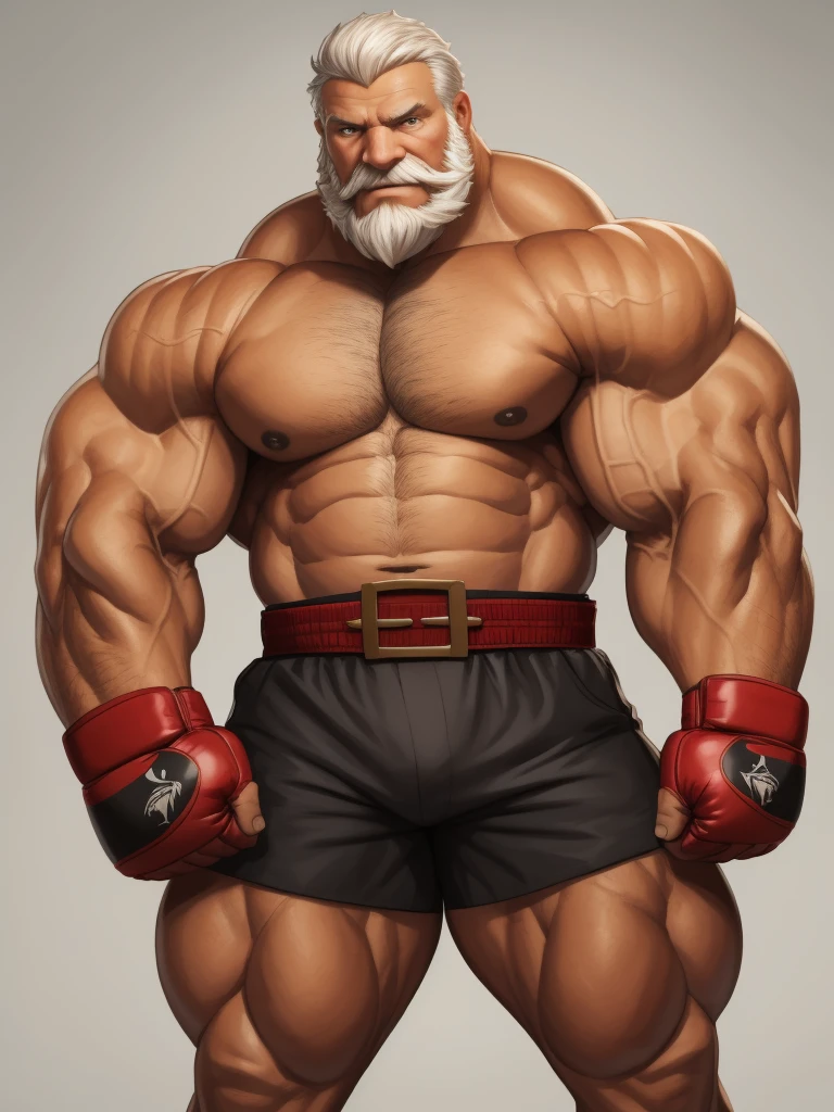 solo, 1boy, Huge Muscular Old man wearing boxing belt , pectoral, thick arms, huge pectoral, wide pectoral, short white hair, short pants and shirtless, bearded, simple background, masterpiece, semirealistic:1.2, high detailed, 8k, high resolution