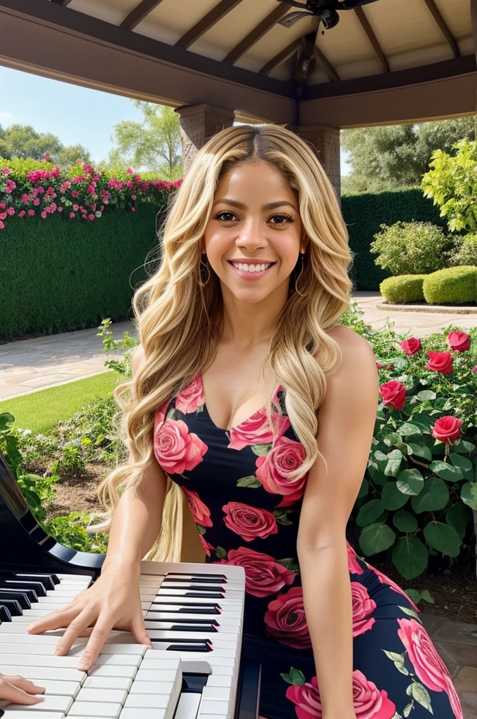 Shakira smiles beautifully, sits playing the piano in the rose garden, looks at the camera, sexy