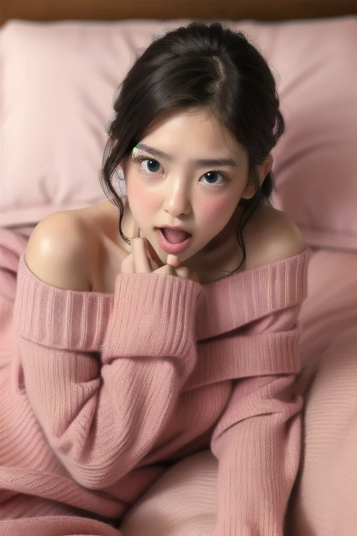 Sexy Woman, Open your mouth, Very deep blush, Red nose tip, Long neck, Off-shoulder pink sweater, Medium Chest, Visible Cracks, Bedroom, Warm lighting , Lying in bed, Put your head on the pillow, look up 