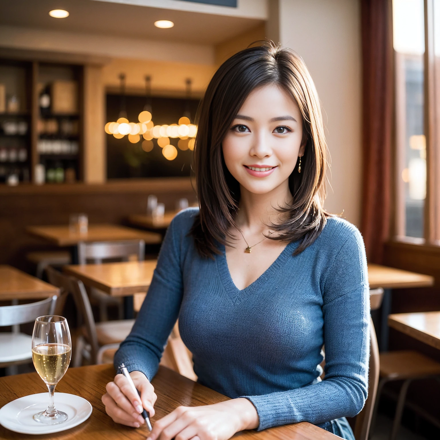 ((Highest quality、8K、masterpiece:1.3))、1 male、1 female、Couple、spouse、Couple、The body is slim、((Bob Hale、Straight hair:1.2)), (Realistic, Intricate details:1.2), テーブルの上のwine glass、Shine light on your face、 Amazing view of the sunset sky and clouds、Amazing mountain views、A bright smile、The wonderfulness of smile、Bright image、The beauty of wine, Beautiful Face, blue eyes, The light shines on your face, Blushing, short hair,Bright Face、 (Age 37), 39 years old, red wine 、Appetizers、Italian food、Wine bottle、Champagne、sparkling wine、Two beauties、Brown Hair、Shortcuts、Long sleeve shirt、dress、Beautiful woman 1, (slimな顔), (The body is slim), (Brown Hair), (Shortcuts), cheeks turn a little red,Attractive beauty、restaurant, In a prominent place (From the waist up) Nova Frog Style, actress, model, Upper Body, White wine, slim, wine glass, 中央に置かれたwine glass, smile, (smile: 1.15), Beautiful fine grain, Depth f/2,saturation, High Contrast, Strong light and shadow,Moist Body:1.5、3D texture、Delicate eyes、Brown Hair、The hair is very shiny、