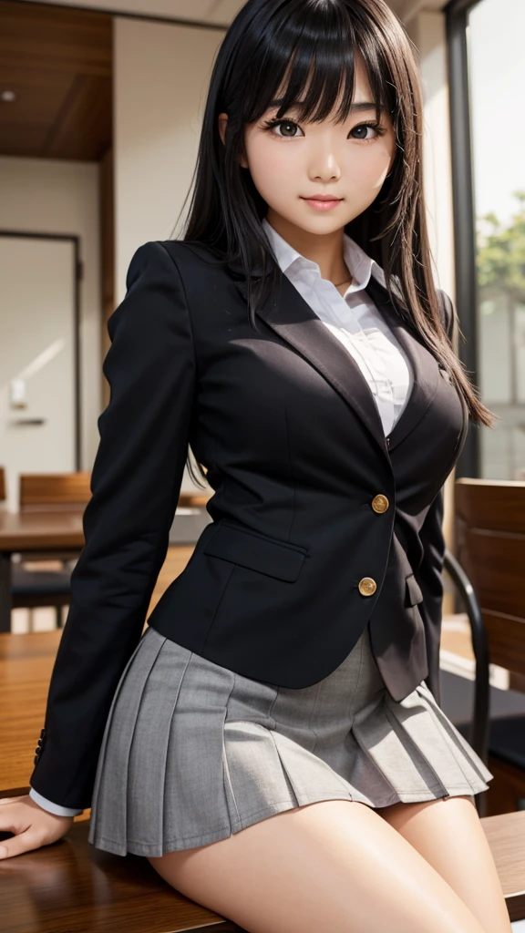 ((Tabletop)), (Detailed face), (highlight),　Asian Girl、Big breasts、thigh、Black Hair、Heavy bangs、high school girl、skirt、blazer、