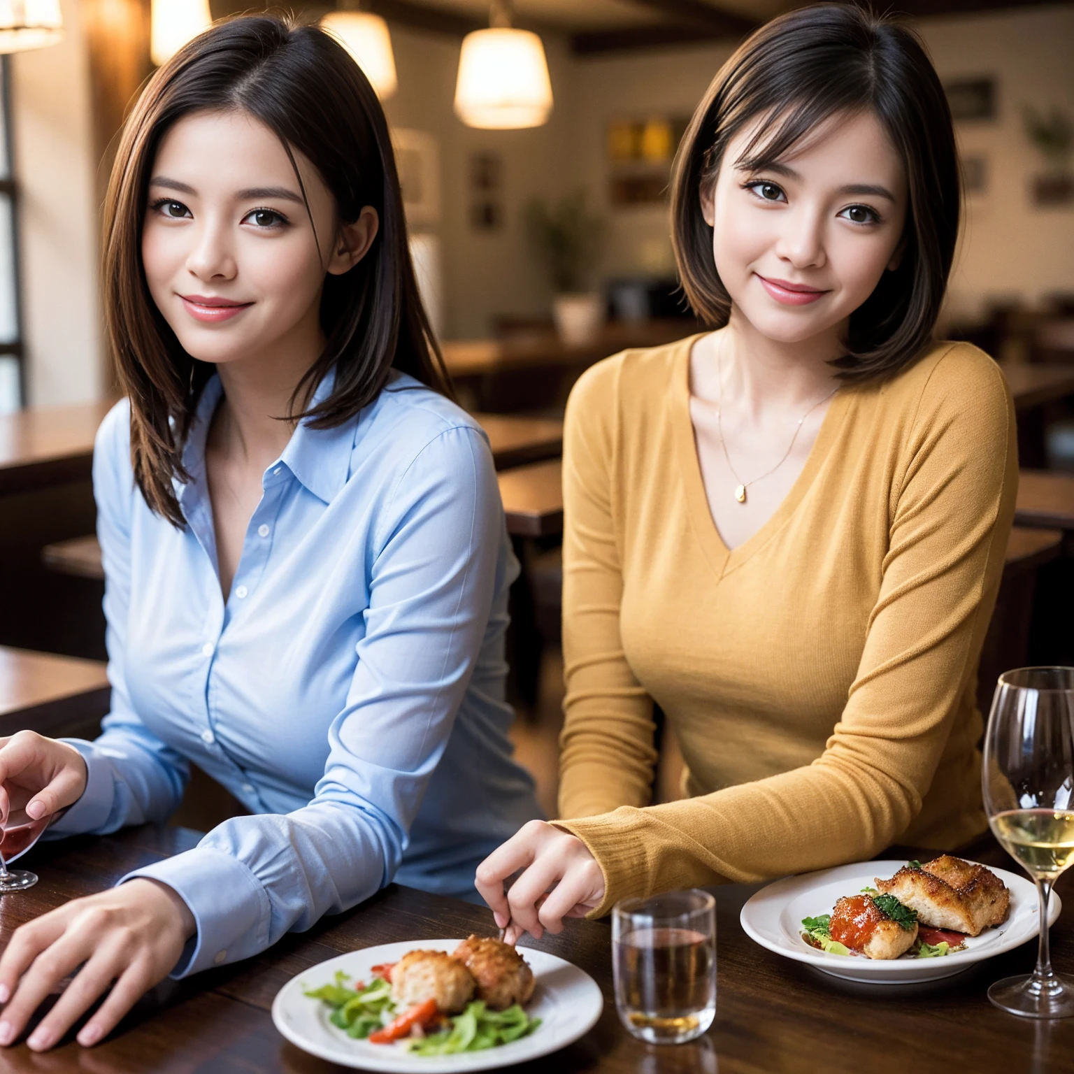 ((Highest quality、8K、masterpiece:1.3))、1 male、1 female、Couple、spouse、Couple、The body is slim、((Bob Hale、Straight hair:1.2)), (Realistic, Intricate details:1.2), テーブルの上のwine glass、Shine light on your face、 Amazing view of the sunset sky and clouds、Amazing mountain views、A bright smile、The wonderfulness of smile、Bright image、The beauty of wine, Beautiful Face, blue eyes, The light shines on your face, Blushing, short hair,Bright Face、 (Age 37), 39 years old, red wine 、Appetizers、Italian food、Wine bottle、Champagne、sparkling wine、Two beauties、Brown Hair、Shortcuts、Long sleeve shirt、dress、Beautiful woman 1, (slimな顔), (The body is slim), (Brown Hair), (Shortcuts), cheeks turn a little red,Attractive beauty、restaurant, In a prominent place (From the waist up) Nova Frog Style, actress, model, Upper Body, White wine, slim, wine glass, 中央に置かれたwine glass, smile, (smile: 1.15), Beautiful fine grain, Depth f/2,saturation, High Contrast, Strong light and shadow,Moist Body:1.5、3D texture、Delicate eyes、Brown Hair、The hair is very shiny、