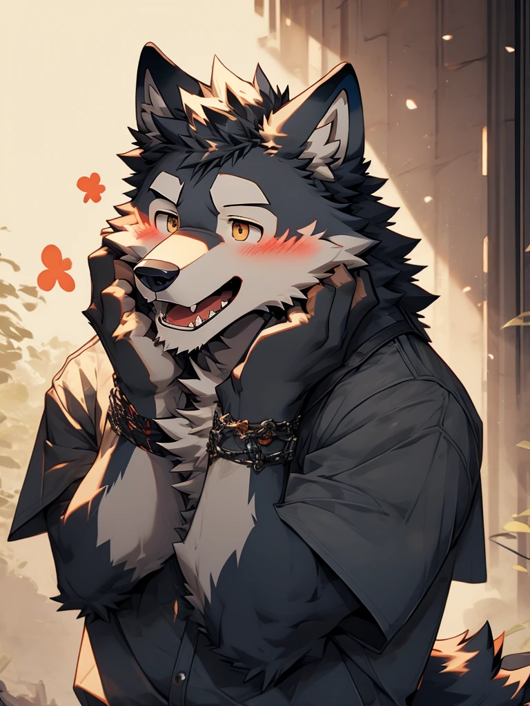 male，Wolf，Blue-black fur，teenager，Fangs，Blush，Thin，Hands on face，Open mouth