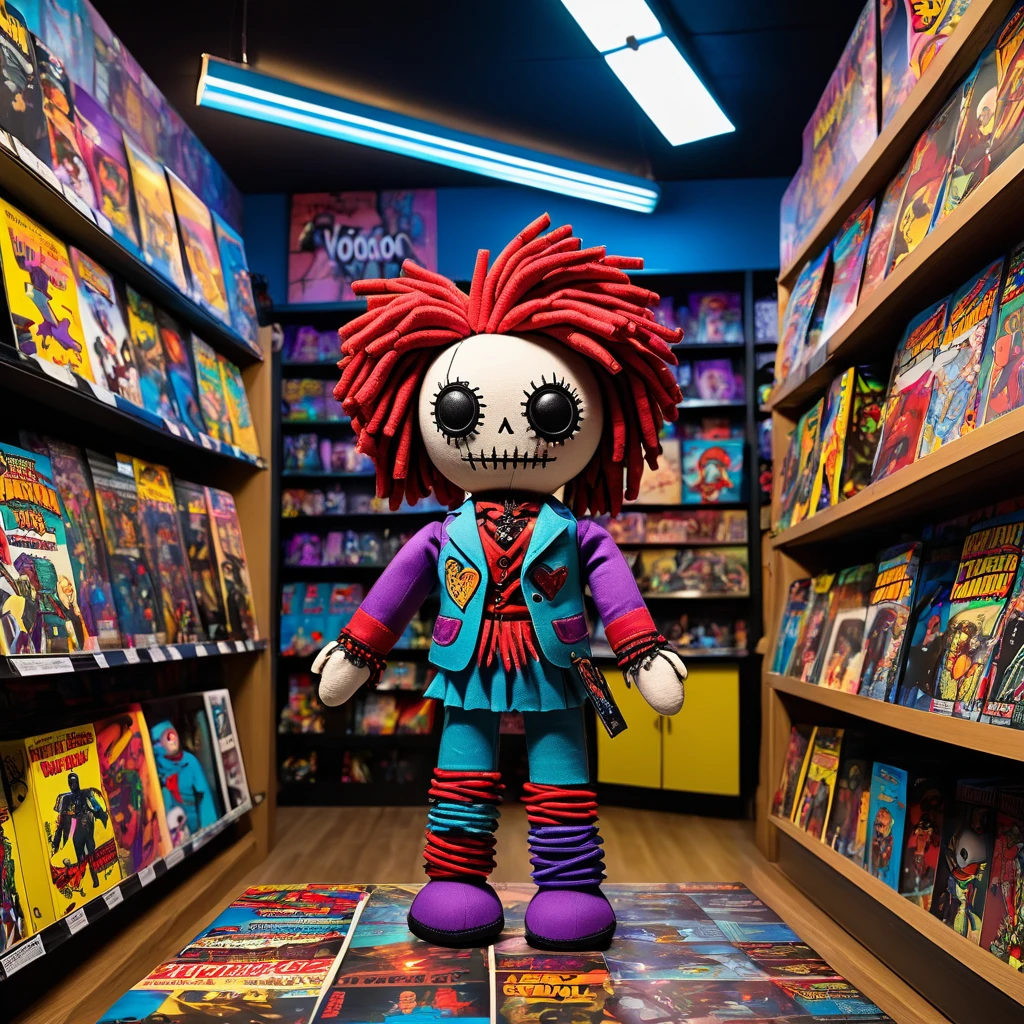 (knitted toy voodoo doll:1.9), (Voodoo Doll Comic Store Clerk:1.3), (Clothing: geeky outfit with comic book patterns:1.0), (Accessories: enchanted action figure emitting colorful light, levitating comic books:1.1), (background: lively comic book store with floating merchandise, glowing displays, and spectral fans:1.2), best quality, masterpiece, detailed soft oil painting, detailed background, dramatic cinematic lighting, soft edge lighting, professional, dramatic lighting, hard edge lighting, ultra quality, 4k,masterpiece, best quality, 8k, ultra highres, highres, extremely detailed