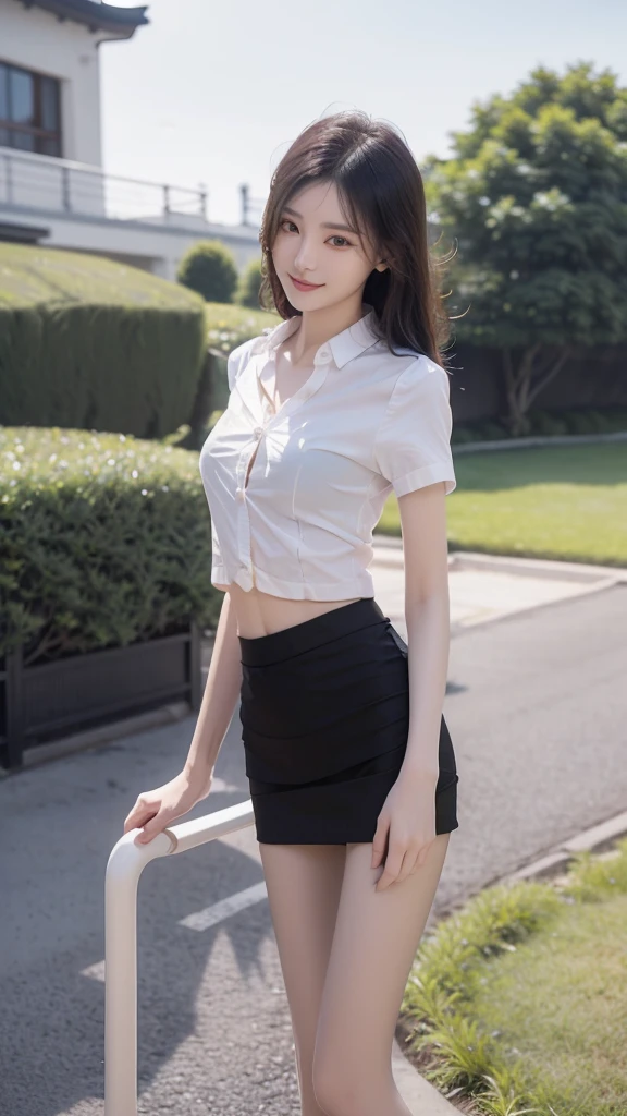 RAW, masterpiece, best quality, extremely detailed, 8k, HDR, photorealistic, intricate, (A skinny Korean girl), (black straight hair), (extremely-slim body), (narrow and small hips:1.3), (pale-porcelain skin), smile, standing, outdoors, wearing a (fully buttoned down short sleeves shirt), and (black extremely-short microskirt:1.4), (close-up picture)