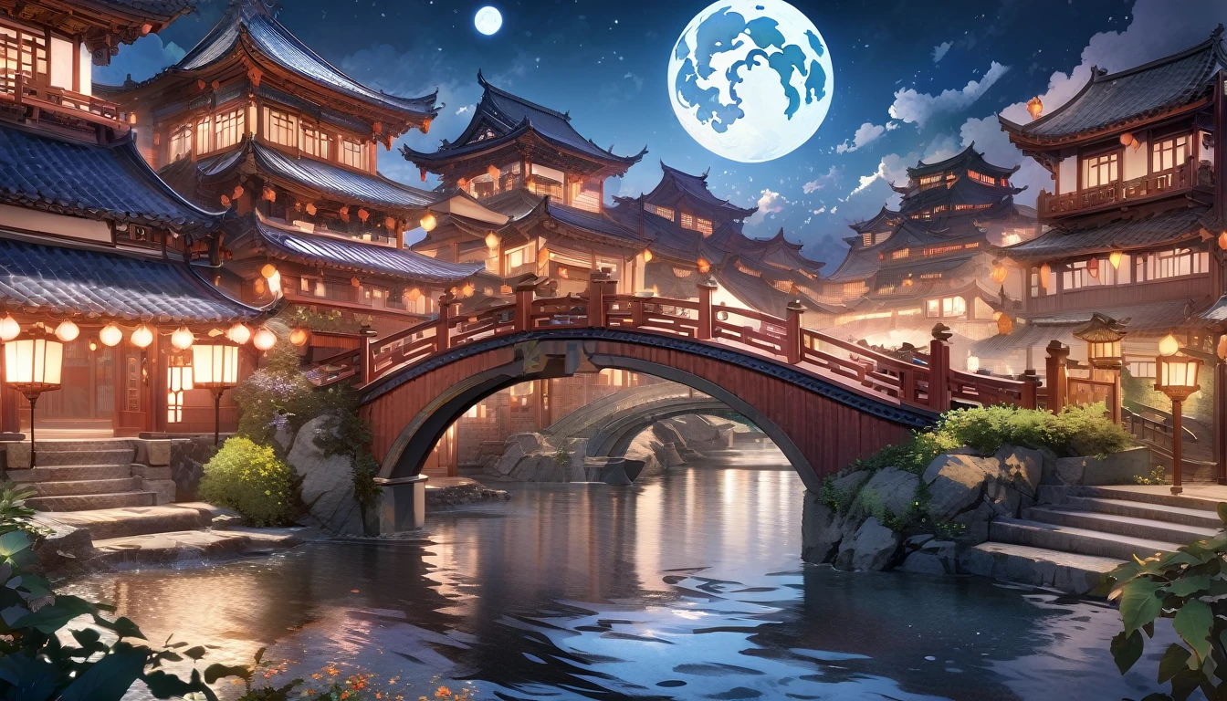 (masterpiece, Highest quality, shape, Finer details), ((Highly detailed CG Unity 8k wallpaper, High resolution)), High chroma, low brightness, Concept Art, ((unmanned)), (landscape), (Water flow on a small bridge), (Jiangnan Water Town), null, night, (full moon), cloud, Outdoor, architecture, river, Suzhou Garden