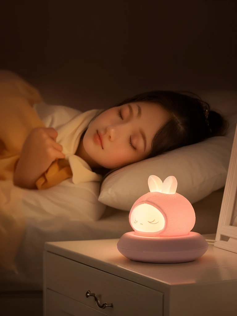 A 5--old l is sleeping，Night Light，Soft warm light, Warm Mood, Beautiful and lovely lighting, Soft mood, Beautiful soft light