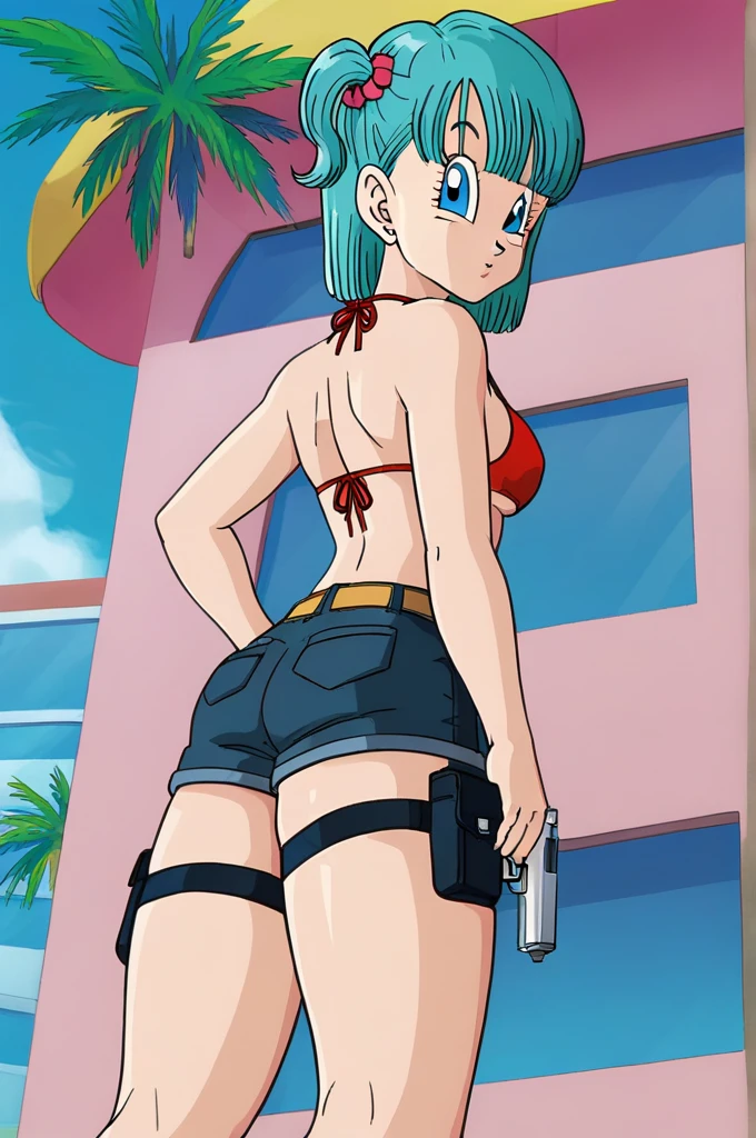 source_anime, score_9, score_8_up, score_7_up, anime screencap, bulma \(dragonball\), 1girl, bikini, solo, breasts, looking at viewer, blue eyes, hair ornament, medium breasts, splashes, ass, outdoors, sky, shorts, day, belt, looking back, cloud, water, from behind, blue sky, pink house, fingernails, wind, leg pouch, holstered pistol, leg holster, short shorts, aqua hair, sideboob, thigh strap, bird, umbrella, one side up, denim, building, bikini top only, denim shorts, palm tree, camouflage, from below, looking to the side