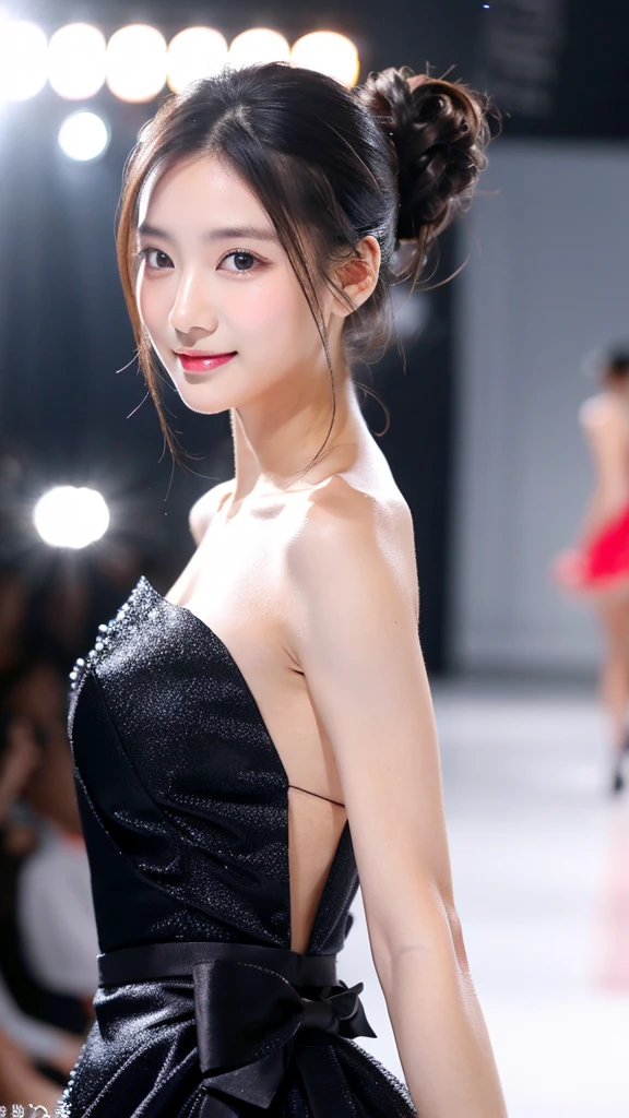 One Woman,Full body photo Best quality, high quality, The background is clear，Beautiful woman, Japanese, detailed, detailed eyes, detailed skin, Beautiful Skin, 超High resolution, (reality: 1.4),Very beautiful woman, 21-year-old Japan woman、Beautiful Skin, thin, (Ultra-photorealism), (High resolution), (8K), (非常にdetailed) (Beautiful and detailed eyes), (非常にdetailedな),   (detailed face), Displaying the viewer, Fine details, detailed face, Staring straight ahead, Staring straight ahead, Photo Real, Bright lighting, Professional Lighting, Black Hair,ponytail,髪型はponytail,ロングponytailの髪型,smile,Wearing an haute couture dress,Walking the runway at a fashion show,on stage,Get noticed、Slim fashion model