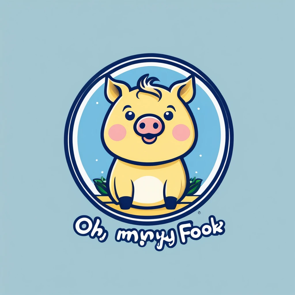 Logo design for a product category of pork. The logo style has a cute pig image, minimalist, easy to understand. Product name Oh my food. The word Oh my uses the color yellow and food uses blue