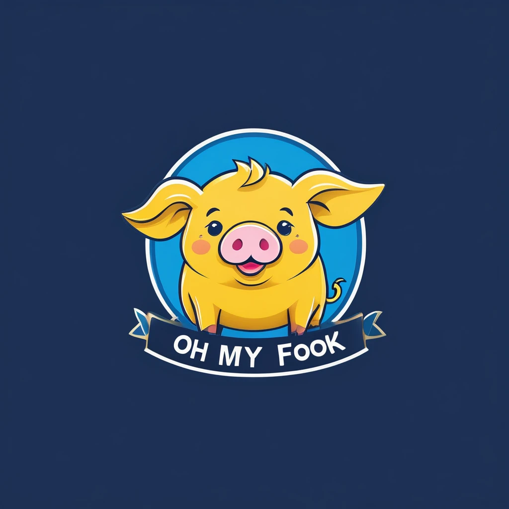 Logo design for a product category of pork. The logo style has a cute pig image, minimalist, easy to understand. Product name Oh my food. The word Oh my uses the color yellow and food uses blue
