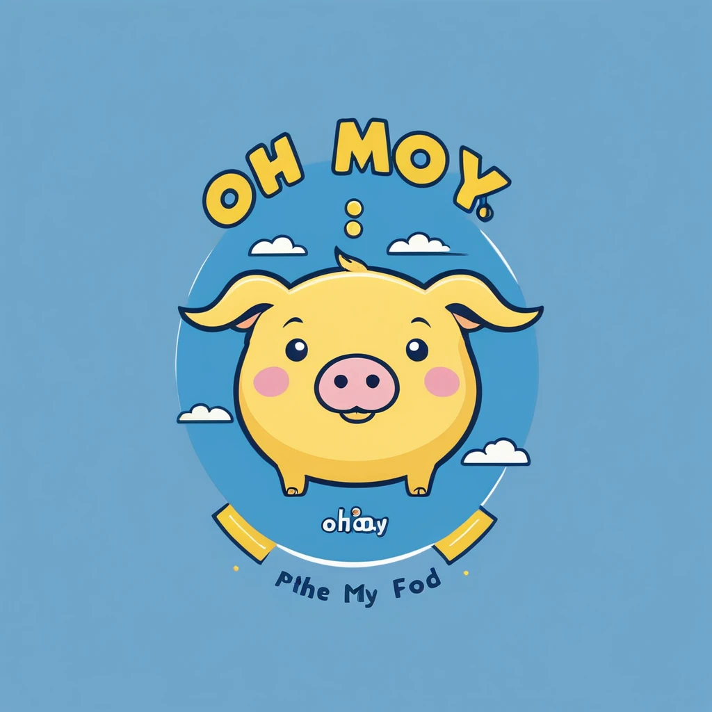 Logo design for a product category of pork. The logo style has a cute pig image, minimalist, easy to understand. Product name Oh my food. The word Oh my uses the color yellow and food uses blue