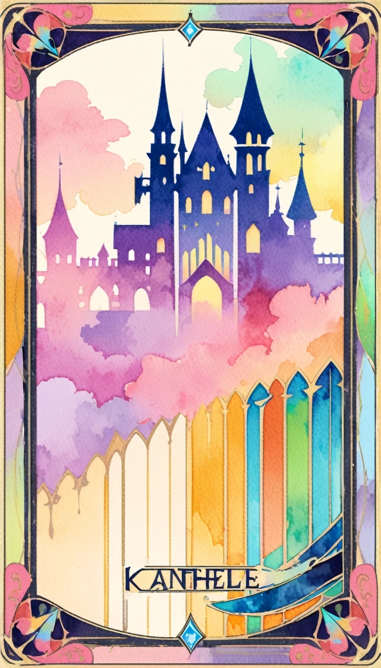 a flat nouveau card, flat colors, colorful palette, watercolor palette, castle, card, swords, composed, filligree, border, tiled border, custom tile patterns, corner patterns, 