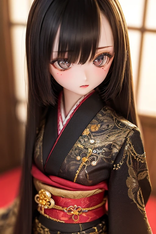 photorealistic, realistic photo, ((highest quality)), ((masterpiece)), detailed, kukolnydom, doll, (mature woman, 22yo, 22 years old:1.6), solo, ((cowboy shot, seiza, skinny, slender, slim, parted lips)), green eyes, black hair, long hair, kanzashi, (looking at another, blank eyes, empty eyes, detailed eyes, detailed face:1.3), kimono, Japanese room, 8k